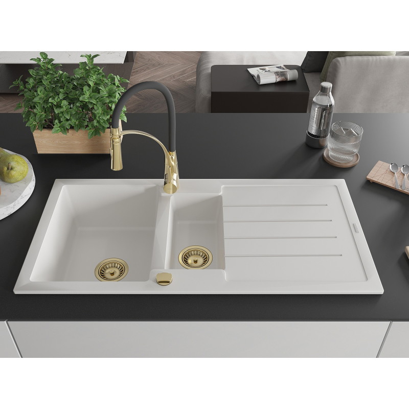 Mexen Andres fregadero de granito de 1,5 senos con escurridor y grifo de cocina Aster, blanco - 6515-20-73450-57-G