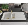 Mexen Andres granitische gootsteen 1,5-kamer met afdruiprek en keukenkraan Aster, wit - 6515-20-73450-57-G
