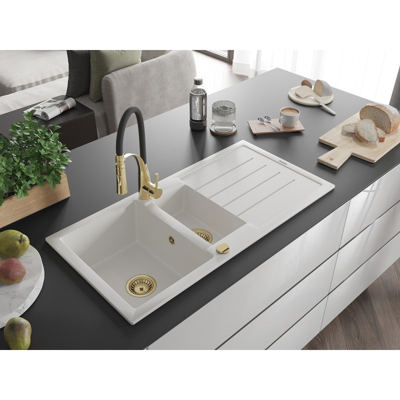 Mexen Andres fregadero de granito de 1,5 senos con escurridor y grifo de cocina Aster, blanco - 6515-20-73450-57-G