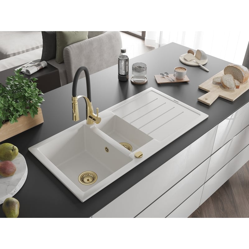 Mexen Andres granitische gootsteen 1,5-kamer met afdruiprek en keukenkraan Aster, wit - 6515-20-73450-57-G