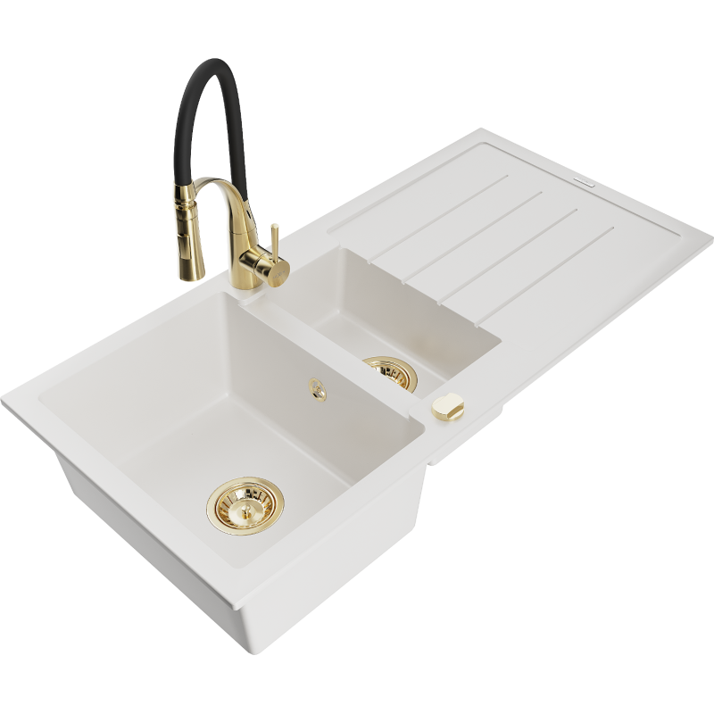 Mexen Andres lava-louça de granito 1,5-cuba com escorredor e torneira de cozinha Aster, branco - 6515-20-73450-57-G