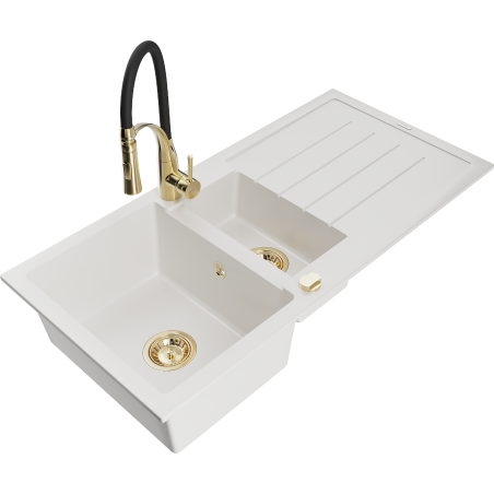 Mexen Andres 1.5-bowl granite sink with drainer and Aster kitchen tap, white - 6515-20-73450-57-G