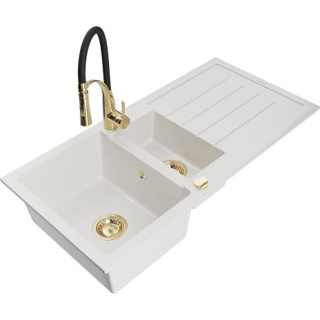 Mexen Andres granitische gootsteen 1,5-kamer met afdruiprek en keukenkraan Aster, wit - 6515-20-73450-57-G