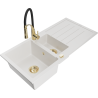 Mexen Andres granitische gootsteen 1,5-kamer met afdruiprek en keukenkraan Aster, wit - 6515-20-73450-57-G