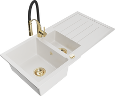 Mexen Andres granite sink 1.5-bowl with drainer and Aster kitchen faucet, white - 6515-20-73450-57-G