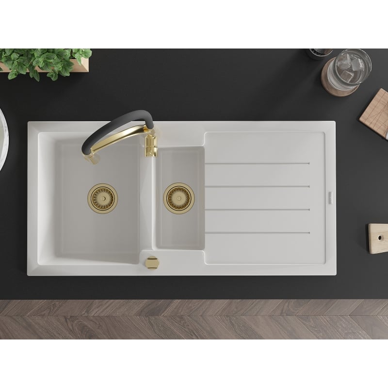 Mexen Andres granitische gootsteen 1,5-kamer met afdruiprek en keukenkraan Aster, wit - 6515-20-73450-57-G