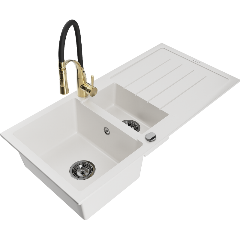 Mexen Andres fregadero de granito de 1,5 senos con escurridor y grifo de cocina Aster, blanco - 6515-20-73450-57-B