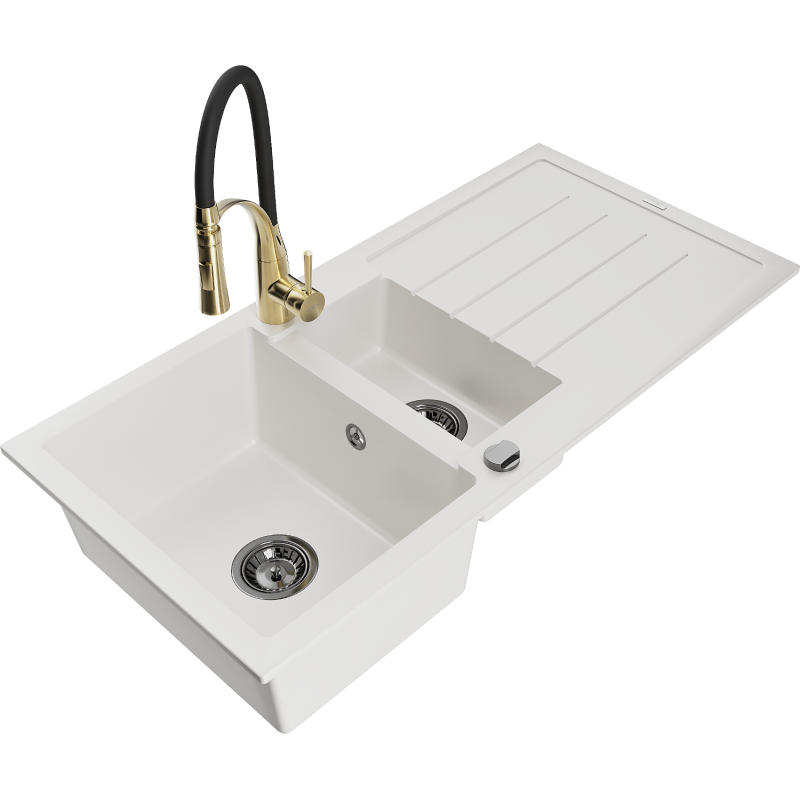 Mexen Andres lava-loiça de granito 1,5-câmaras com escorredor e torneira de cozinha Aster, branco - 6515-20-73450-57-B