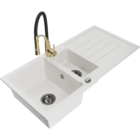Mexen Andres granieten spoelbak met 1,5 kamers, afdruiprek en keukenmengkraan Aster, wit - 6515-20-73450-57-B