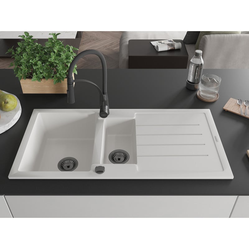 Mexen Andres fregadero de granito de 1,5 senos con escurridor y grifo de cocina Aster, blanco - 6515-20-73450-70-B