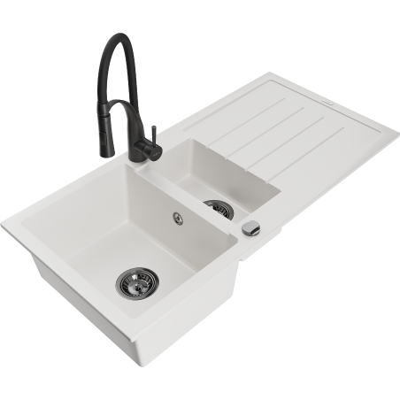 Mexen Andres granite sink 1.5-bowl with drainer and Aster kitchen tap, white - 6515-20-73450-70-B