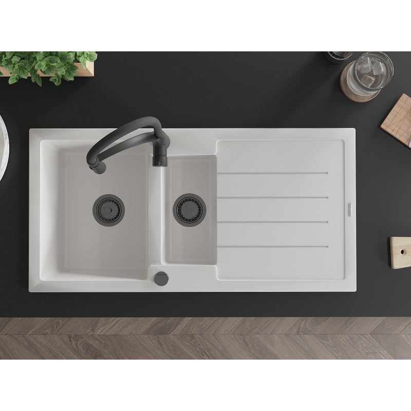 Mexen Andres 1,5-facks granitho med avrinningsområde och köksblandare Aster, vit - 6515-20-73450-70-B