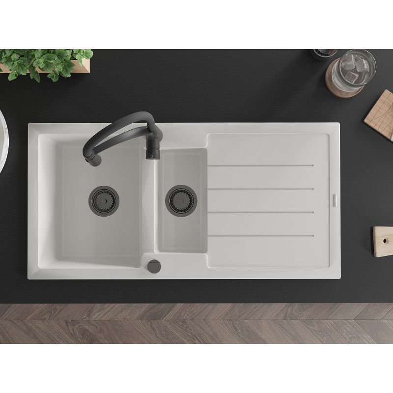 Mexen Andres lava-louça de granito 1,5-bacia com escorredor e torneira de cozinha Aster, branco - 6515-20-73450-70-B