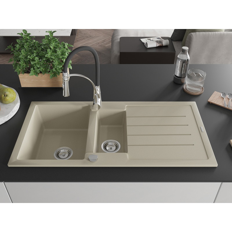 Mexen Andres granit gootsteen 1,5-komorige met afdruiprek en keukenmengkraan Aster, beige - 6515-69-73450-07