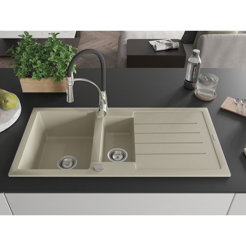 Mexen Andres lavello in granito a 1,5 vasca con sgocciolatoio e miscelatore da cucina Aster, beige - 6515-69-73450-07