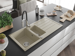 Mexen Andres Granitspüle 1,5-Becken mit Abtropffläche und Küchenarmatur Aster, beige - 6515-69-73450-07