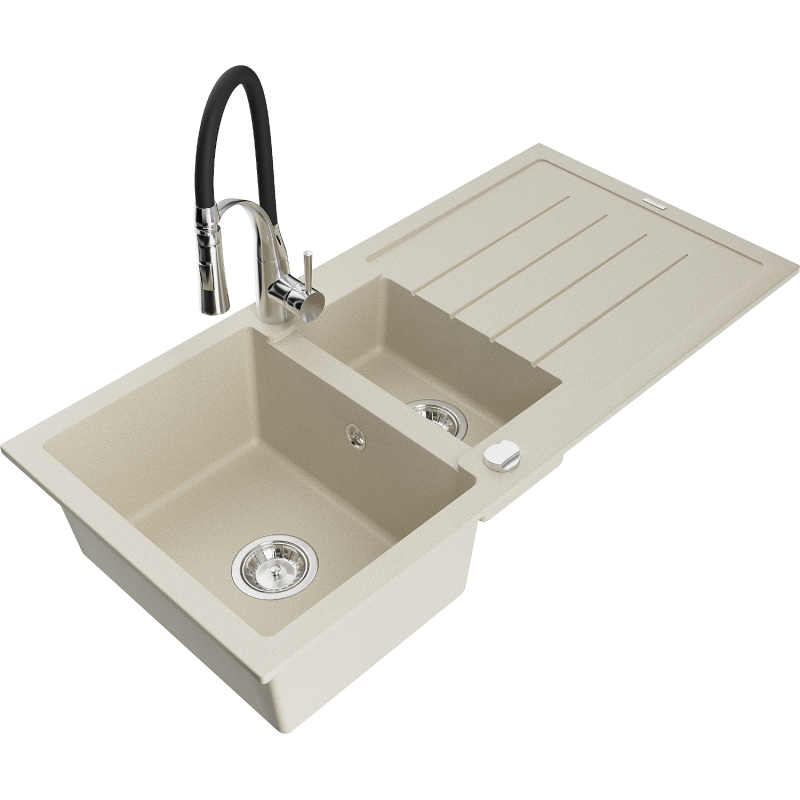 Mexen Andres évier en granit 1,5 cuves avec égouttoir et robinet de cuisine Aster, beige - 6515-69-73450-07