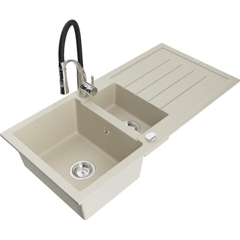 Mexen Andres lavello in granito a 1,5 vasca con sgocciolatoio e miscelatore da cucina Aster, beige - 6515-69-73450-07