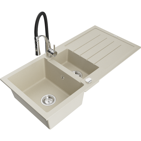 Mexen Andres évier en granit 1,5 cuves avec égouttoir et robinet de cuisine Aster, beige - 6515-69-73450-07