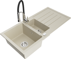Mexen Andres Granitspüle 1,5-Becken mit Abtropffläche und Küchenarmatur Aster, beige - 6515-69-73450-07