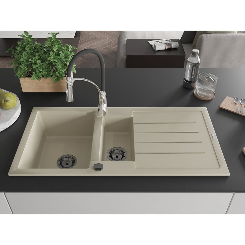 Mexen Andres 1.5-bowl granite sink with drainer and Aster kitchen faucet, beige - 6515-69-73450-07-B