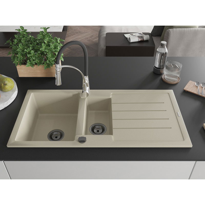 Mexen Andres fregadero de granito de 1,5 senos con escurridor y grifo de cocina Aster, beige - 6515-69-73450-07-B