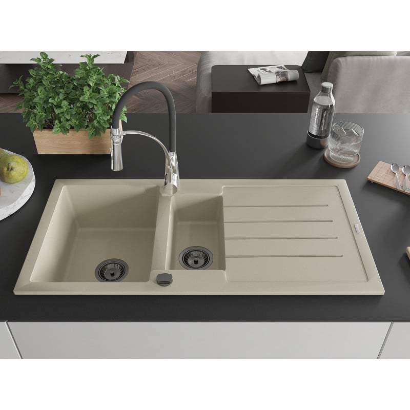 Mexen Andres granieten gootsteen 1,5-komor met afdruiprek en keukenkraan Aster, beige - 6515-69-73450-07-B