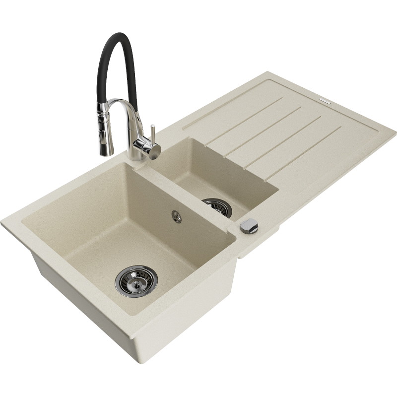 Mexen Andres granitenspacem 1,5-komorige spoelbak met afdruiprek en keukenmengkraan Aster, beige - 6515-69-73450-07-B