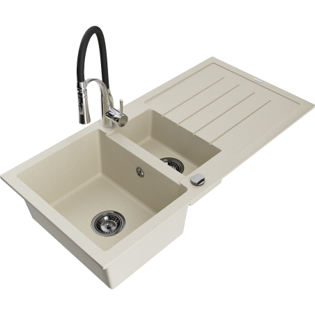 Mexen Andres 1.5-bowl granite sink with drainer and Aster kitchen faucet, beige - 6515-69-73450-07-B