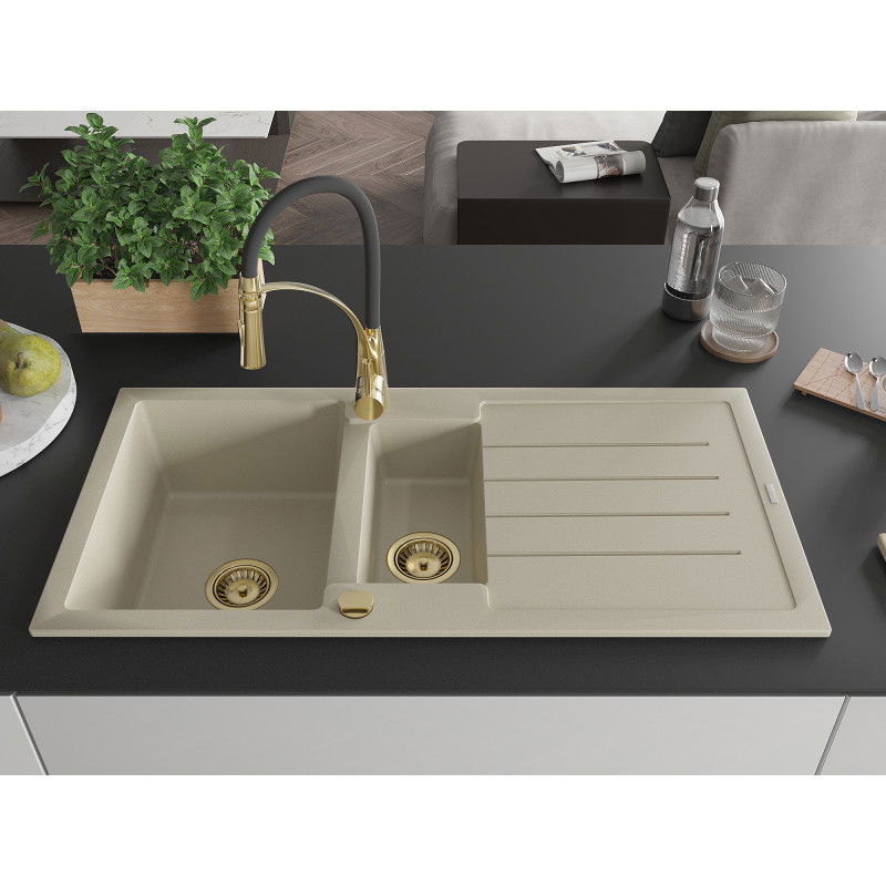 Mexen Andres granite sink 1.5-bowl with drainer and Aster kitchen tap, beige - 6515-69-73450-57-G