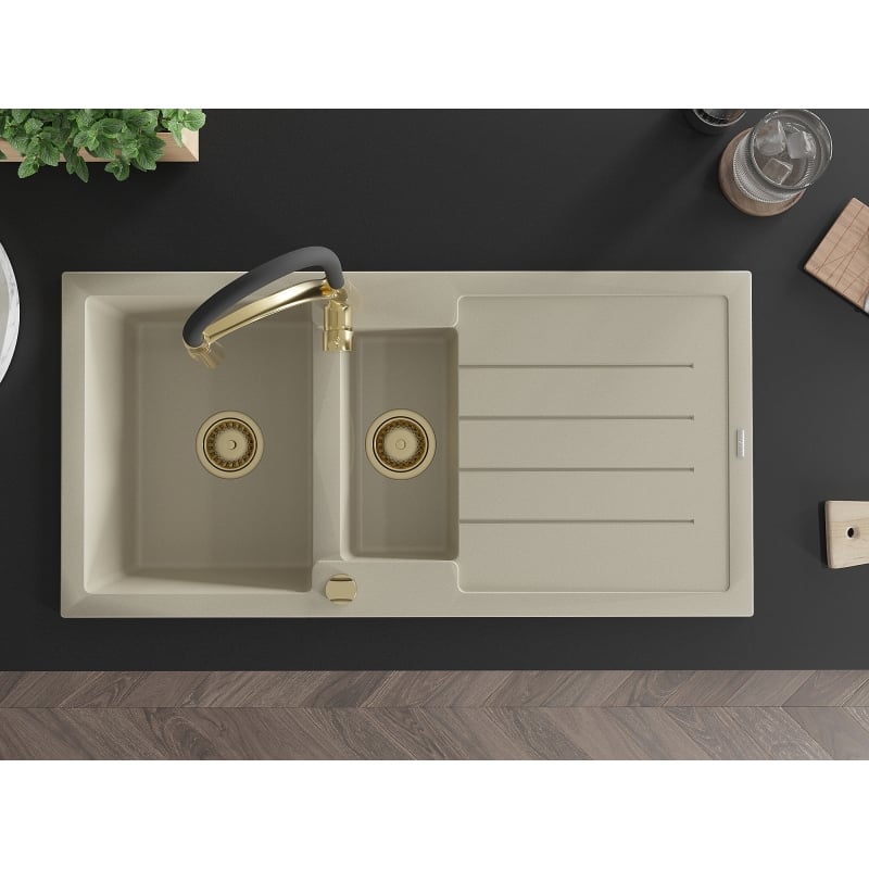 Mexen Andres 1.5-bowl granite sink with drainer and Aster kitchen faucet, beige - 6515-69-73450-57-G
