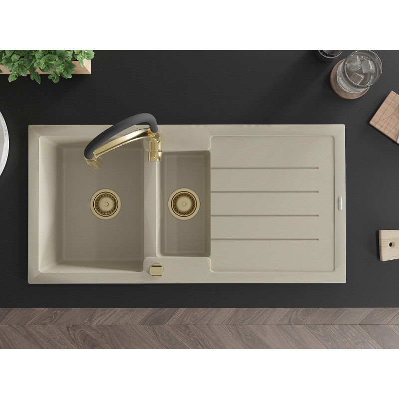 Mexen Andres Granit-Spülbecken 1,5-fach mit Abtropffläche und Küchenarmatur Aster, beige - 6515-69-73450-57-G