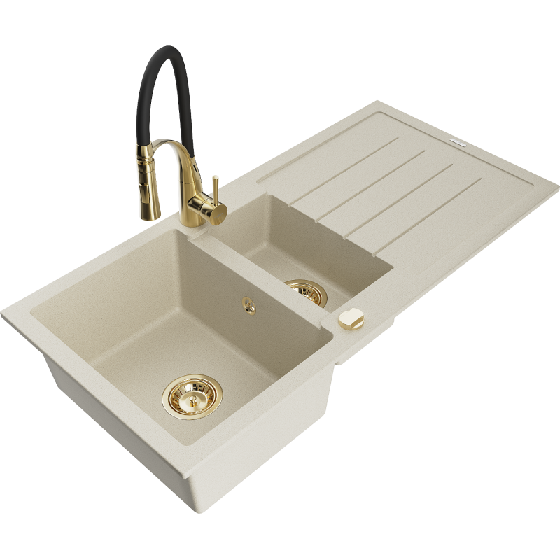 Mexen Andres granit izlietne ar 1,5 kamerām ar drenāžas un virtuves jaucējkrānu Aster, bēša - 6515-69-73450-57-G