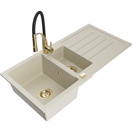 Mexen Andres 1.5-bowl granite sink with drainer and Aster kitchen faucet, beige - 6515-69-73450-57-G