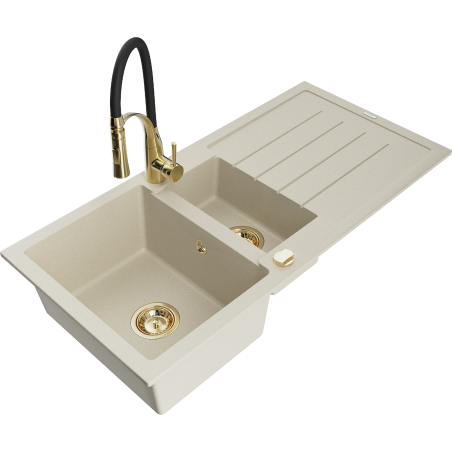 Mexen Andres granite sink 1.5-bowl with drainer and Aster kitchen tap, beige - 6515-69-73450-57-G