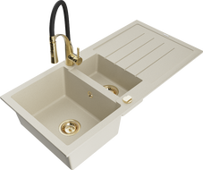 Mexen Andres 1.5-bowl granite sink with drainer and Aster kitchen faucet, beige - 6515-69-73450-57-G
