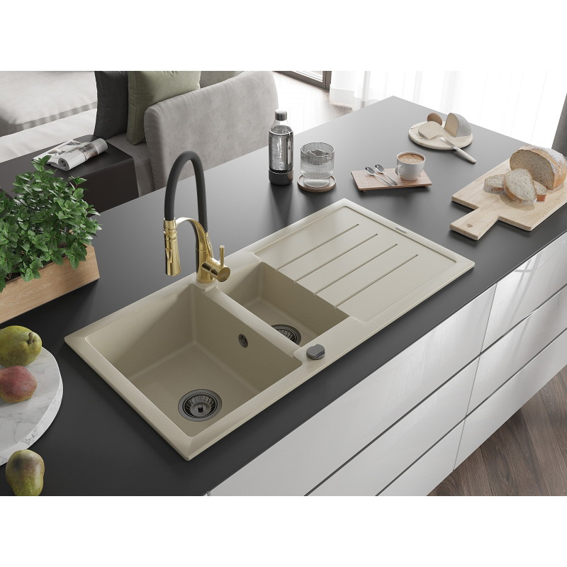 Mexen Andres granitische spoelbak 1,5-komor met afdruiprek en keukenkraan Aster, beige - 6515-69-73450-57-B