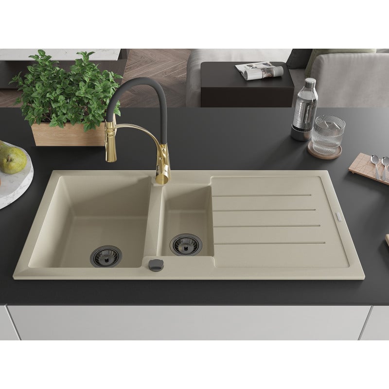 Mexen Andres fregadero de granito de 1,5 senos con escurridor y grifo de cocina Aster, beige - 6515-69-73450-57-B