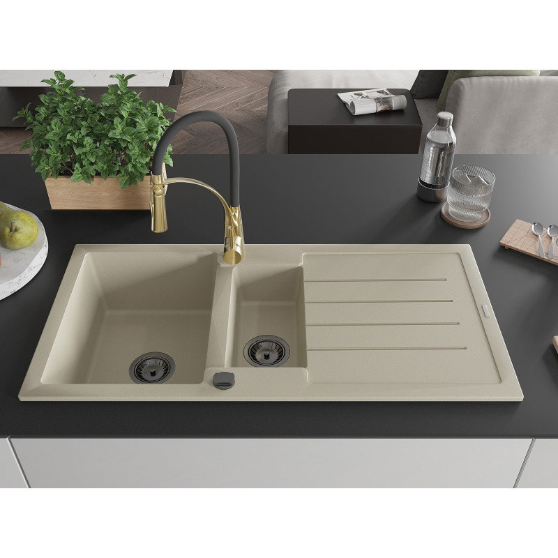 Mexen Andres granitische spoelbak 1,5-komors met afdruiprek en keukenkraan Aster, beige - 6515-69-73450-57-B