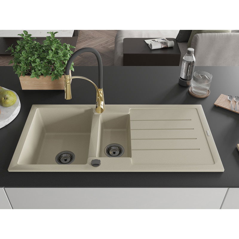 Mexen Andres Granitspüle 1,5-beckig mit Abtropffläche und Küchenarmatur Aster, beige - 6515-69-73450-57-B