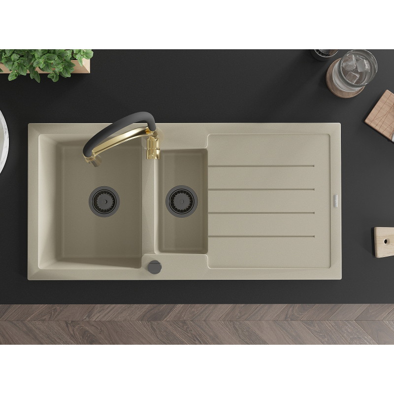 Mexen Andres granitische spoelbak 1,5-komor met afdruiprek en keukenkraan Aster, beige - 6515-69-73450-57-B