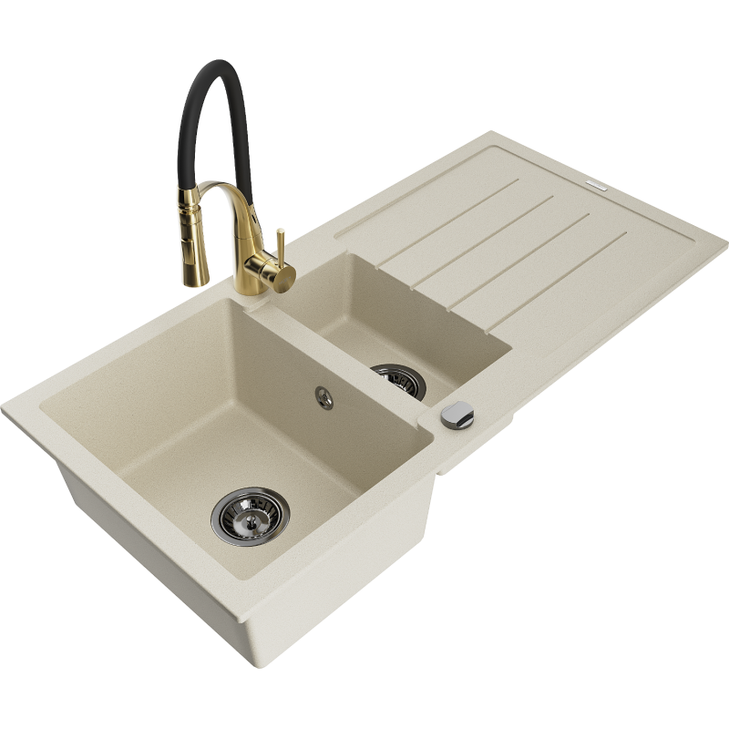 Mexen Andres évier en granit 1,5 bac avec égouttoir et robinet de cuisine Aster, beige - 6515-69-73450-57-B
