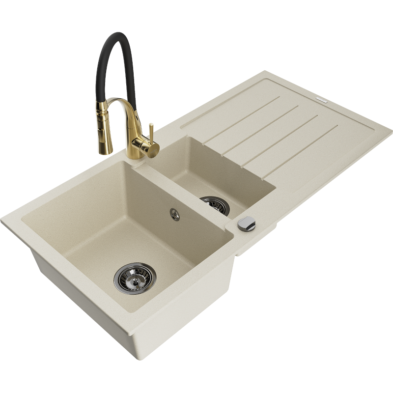 Mexen Andres fregadero de granito de 1,5 senos con escurridor y grifo de cocina Aster, beige - 6515-69-73450-57-B