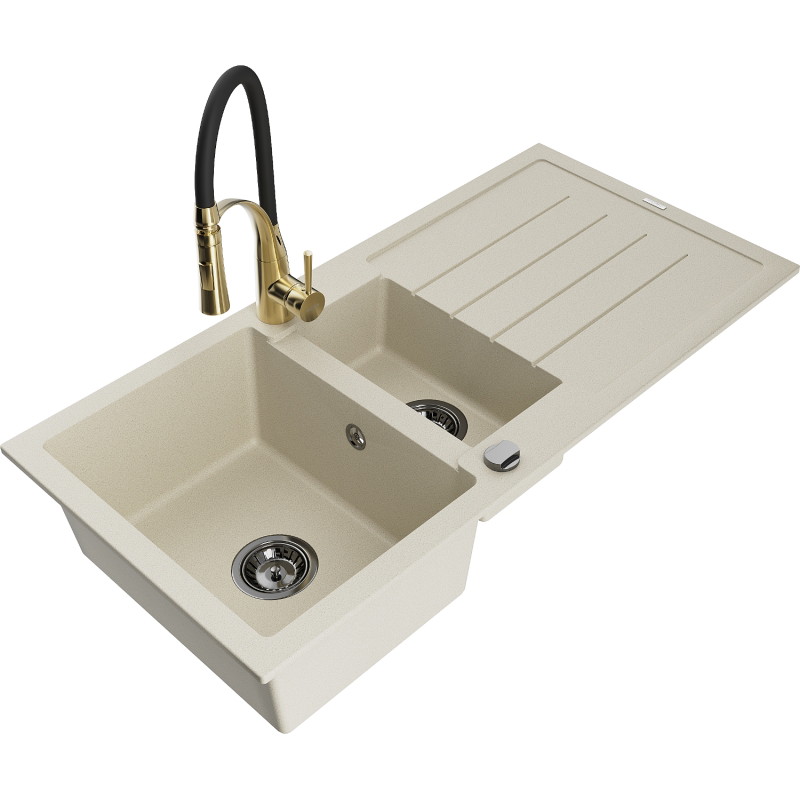 Mexen Andres granitische spoelbak 1,5-komors met afdruiprek en keukenkraan Aster, beige - 6515-69-73450-57-B