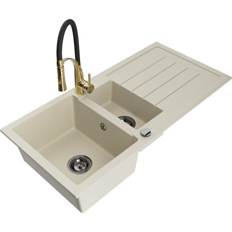 Mexen Andres Granitspüle 1,5-beckig mit Abtropffläche und Küchenarmatur Aster, beige - 6515-69-73450-57-B