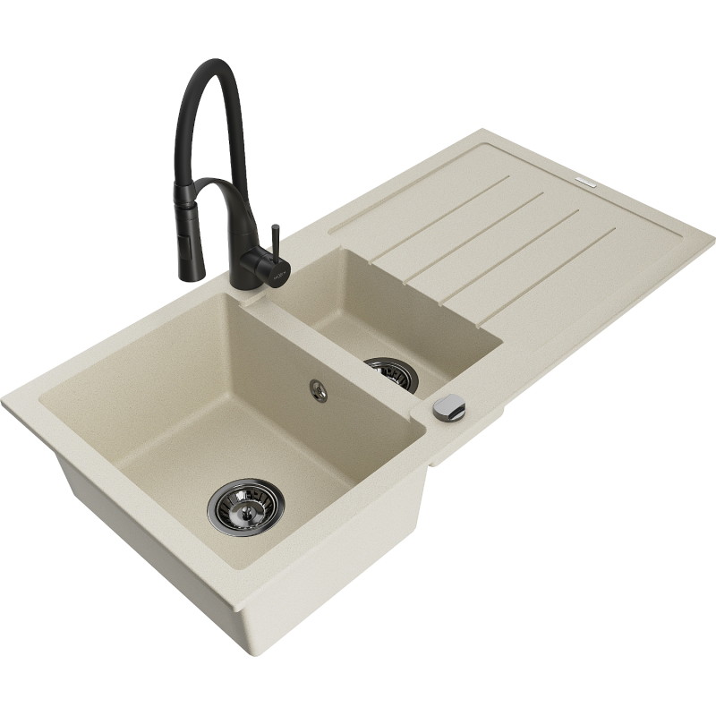 Mexen Andres granit gootsteen met 1,5 bak en afdruiprek en keukenmengkraan Aster, beige - 6515-69-73450-70-B