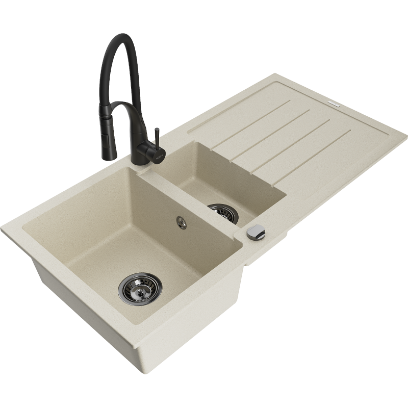 Mexen Andres granitdiskbänk med 1,5 fack med avrinningsyta och köksblandare Aster, beige - 6515-69-73450-70-B