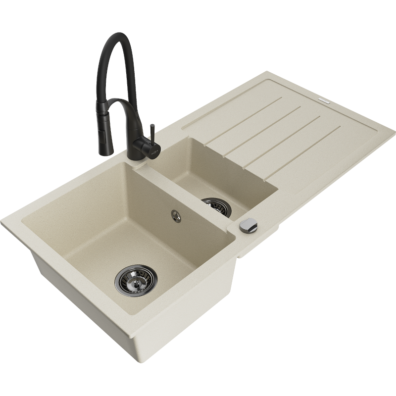 Mexen Andres Granitspüle 1,5-Becken mit Abtropffläche und Küchenarmatur Aster, beige - 6515-69-73450-70-B