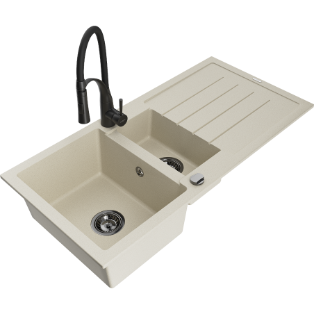Mexen Andres granieten gootsteen 1,5-kamer met afdruiprek en keukenmengkraan Aster, beige - 6515-69-73450-70-B