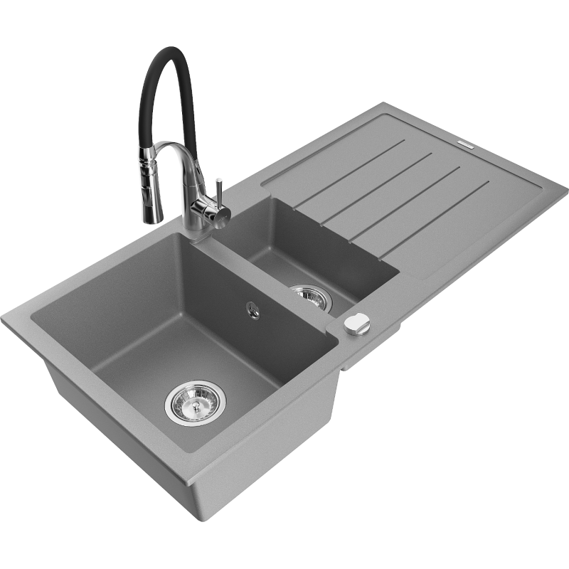 Mexen Andres fregadero de granito 1,5 senos con escurridor y grifo de cocina Aster, gris - 6515-71-73450-07